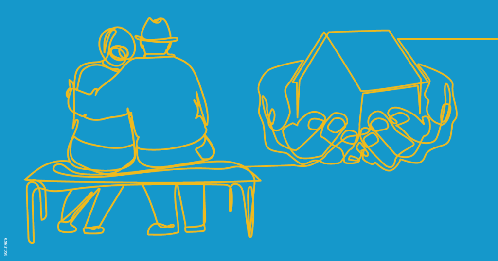 Line drawing image of an older couple sitting on a bench and some hands holding a house, depicting housing security for older tasmanians