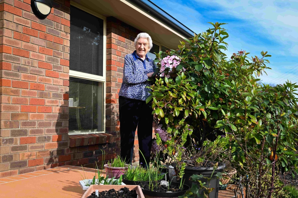 Fay has become a Member of the Order of Australia in the King's Birthday Honours. She is on the deck of her home in Wynyard. She is pointing to flowering bushes in her garden.