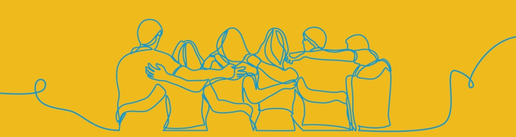 A group of people with their arms around each other as if they are supporting each other.