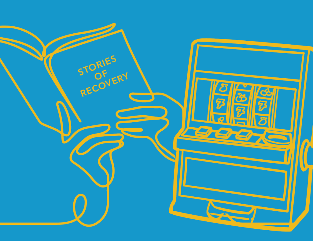 A line drawing representing a poker machine with a pair of hands holding an open book with the title page "Stories of Recovery".